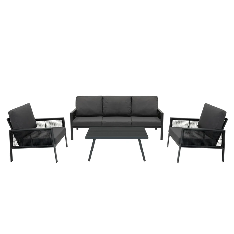 Lot de Salon de Jardin 4 Pièces en Aluminium Gris Anthracite & Coffre de Rangement 582 L en Rotin Noir