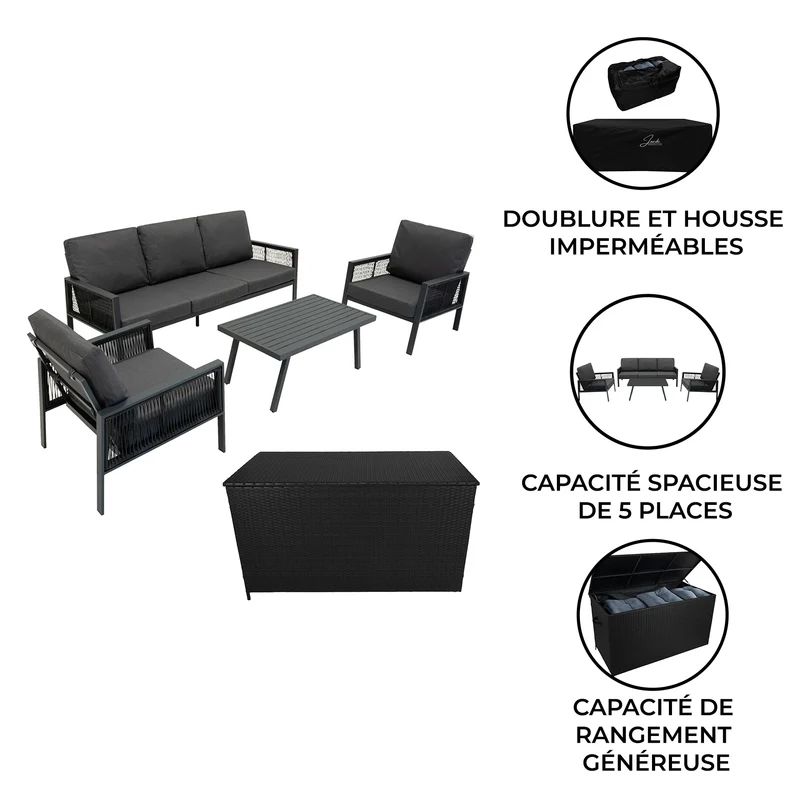 Lot de Salon de Jardin 4 Pièces en Aluminium Gris Anthracite & Coffre de Rangement 582 L en Rotin Noir