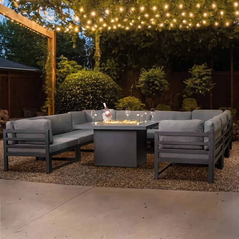 Salon de Jardin en Aluminium 8 Personnes & Table Foyer au Gaz - Gris