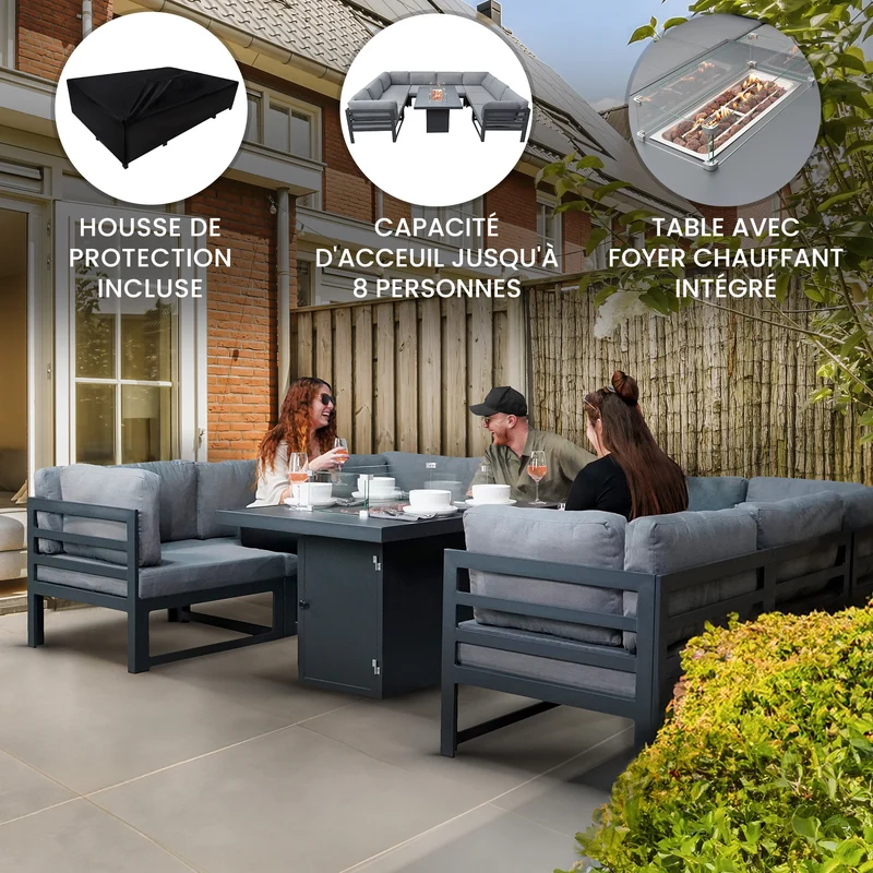 Salon de Jardin en Aluminium 8 Personnes & Table Foyer au Gaz - Gris