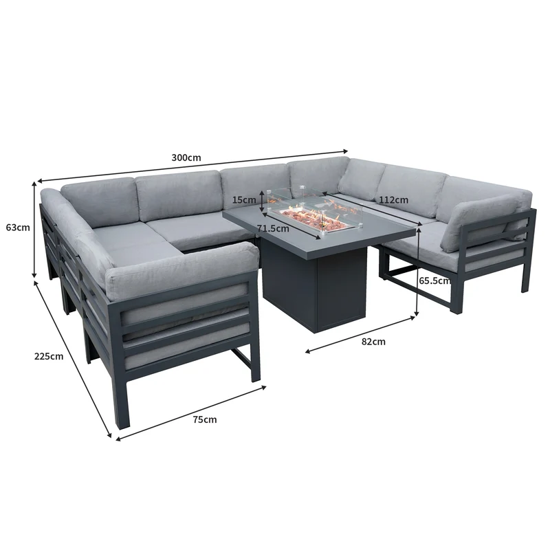 Salon de Jardin en Aluminium 8 Personnes & Table Foyer au Gaz - Gris
