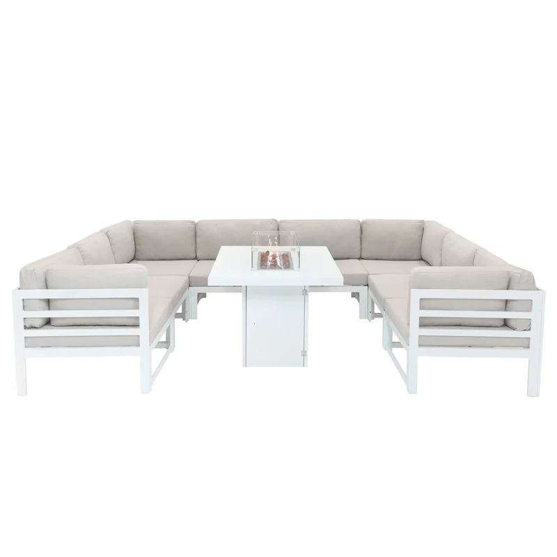 Salon de Jardin en Aluminium 8 Personnes & Table Foyer au Gaz - Blanc