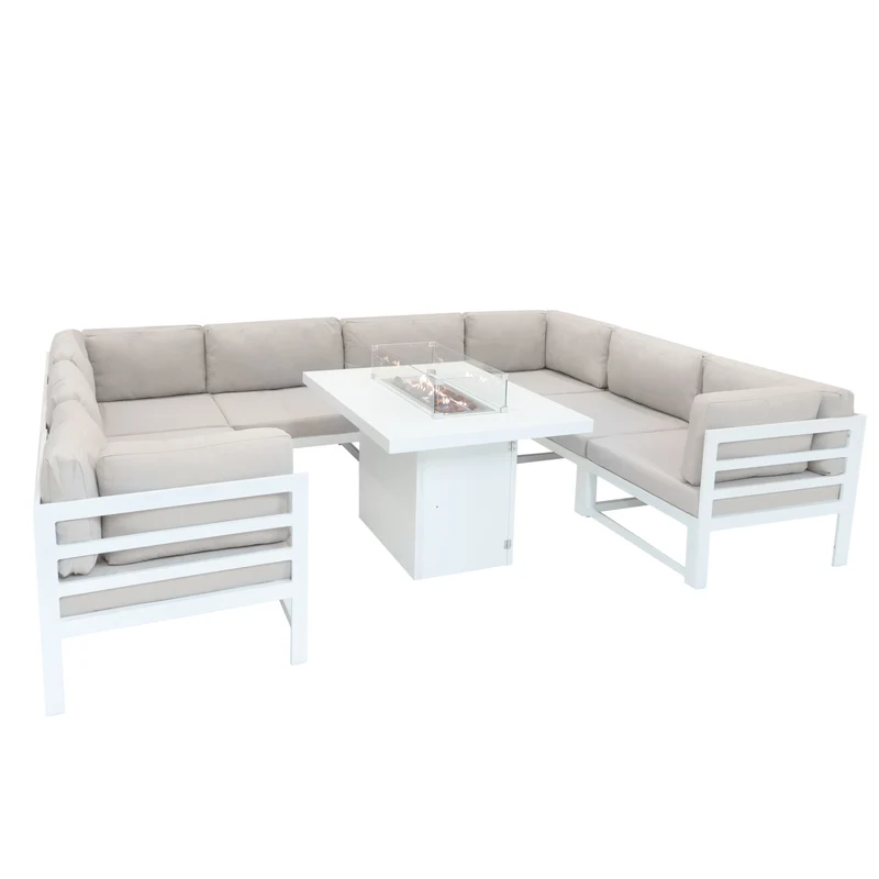 Salon de Jardin en Aluminium 8 Personnes & Table Foyer au Gaz - Blanc
