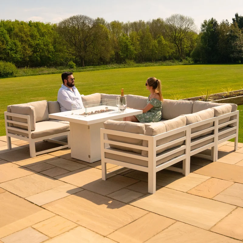 Salon de Jardin en Aluminium 8 Personnes & Table Foyer au Gaz - Blanc