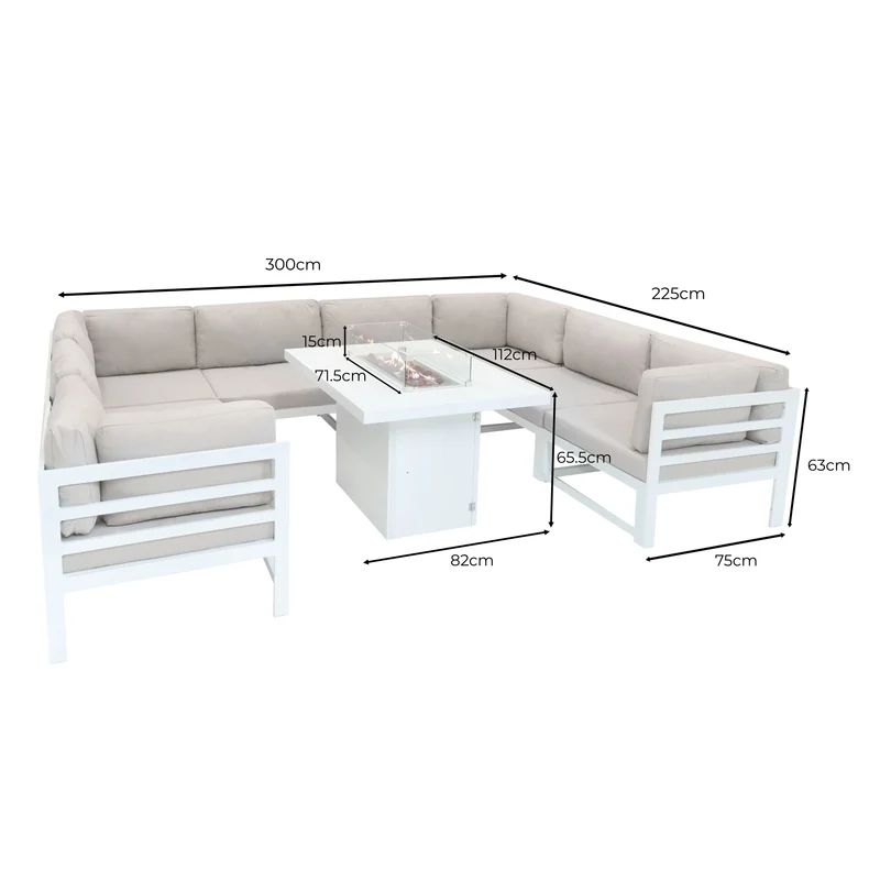 Salon de Jardin en Aluminium 8 Personnes & Table Foyer au Gaz - Blanc