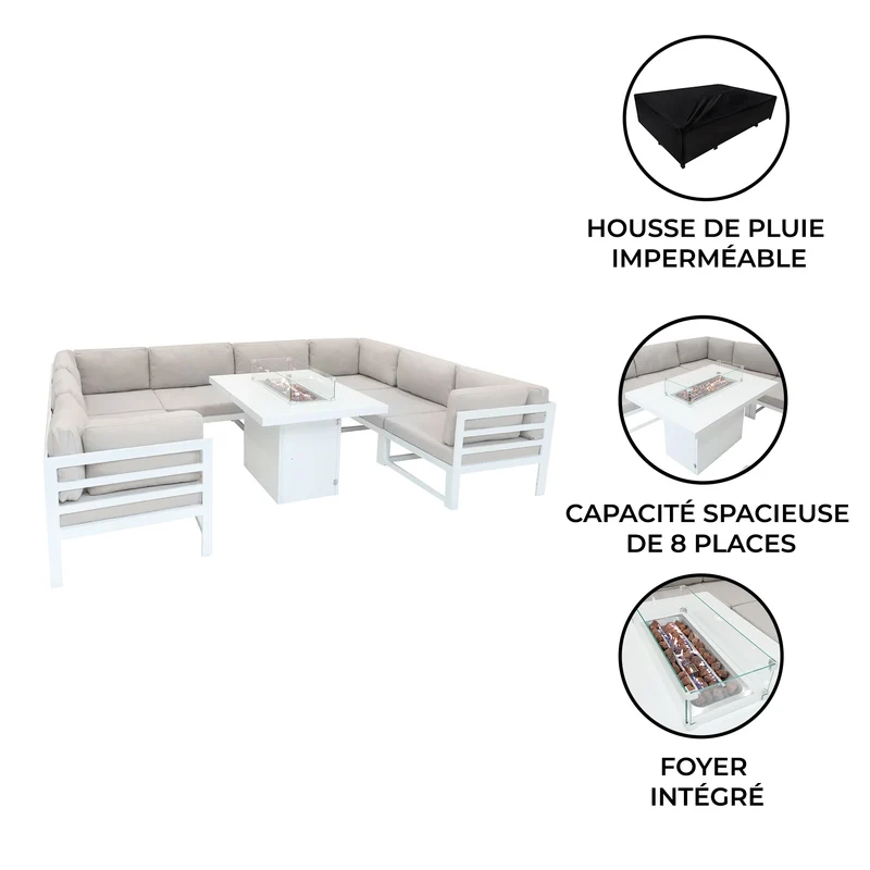Salon de Jardin en Aluminium 8 Personnes & Table Foyer au Gaz - Blanc