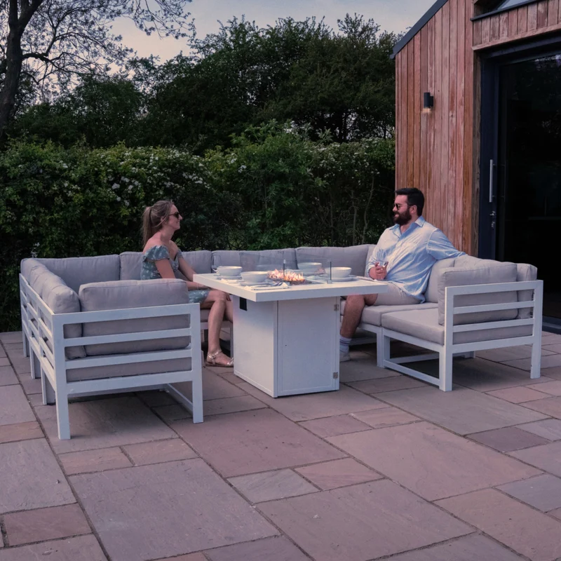 Salon de Jardin en Aluminium 8 Personnes & Table Foyer au Gaz - Blanc