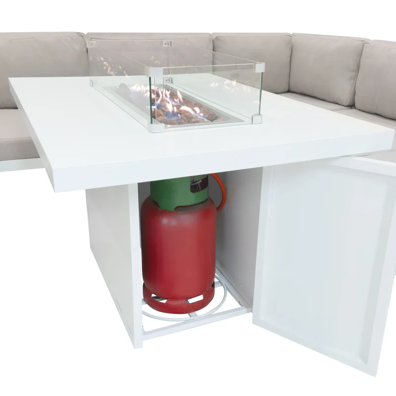 Salon de Jardin en Aluminium 8 Personnes & Table Foyer au Gaz - Blanc