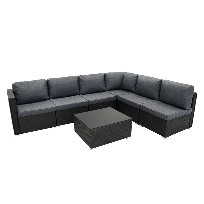 Salon de Jardin Modulaire en Rotin Noir - 7 Pièces & Coffre de Rangement 700 L