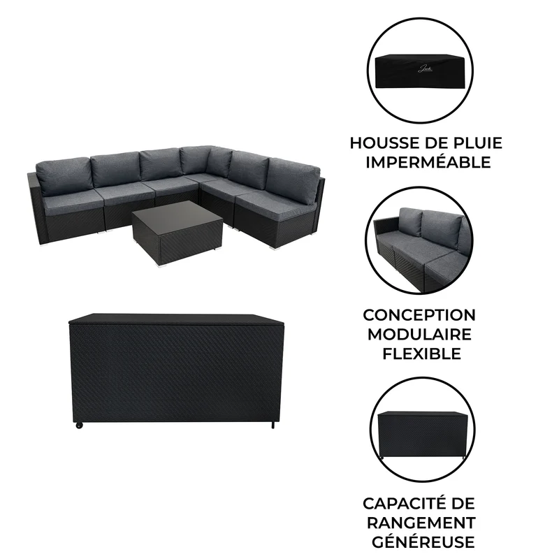 Salon de Jardin Modulaire en Rotin Noir - 7 Pièces & Coffre de Rangement 700 L