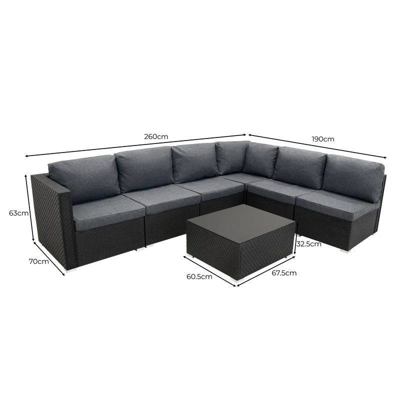 Salon de Jardin Modulaire en Rotin Noir - 7 Pièces & Coffre de Rangement 700 L
