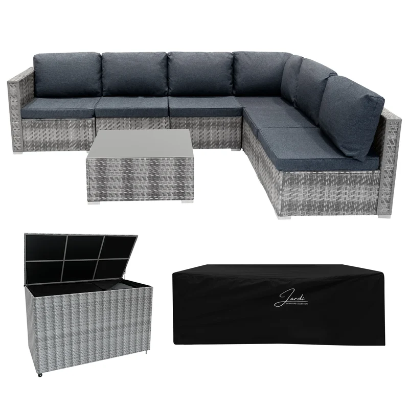 Salon de Jardin Modulaire en Rotin Gris - 7 Pièces & Coffre de Rangement 700 L