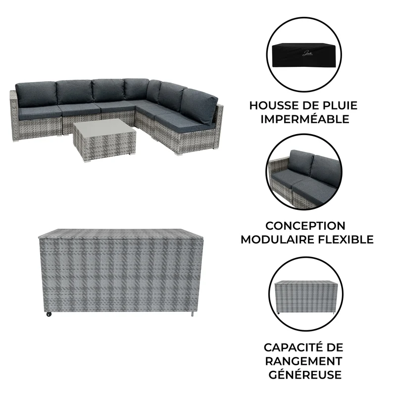 Salon de Jardin Modulaire en Rotin Gris - 7 Pièces & Coffre de Rangement 996 L