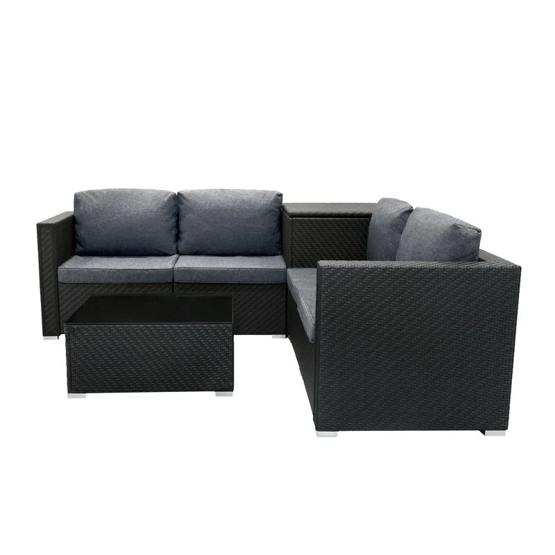 Salon de Jardin Modulaire en Rotin Noir - 6 Pièces & Coffre de Rangement 700 L