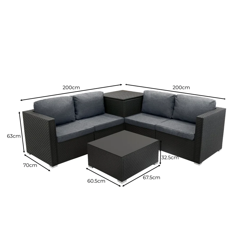 Salon de Jardin Modulaire en Rotin Noir - 6 Pièces & Coffre de Rangement 700 L