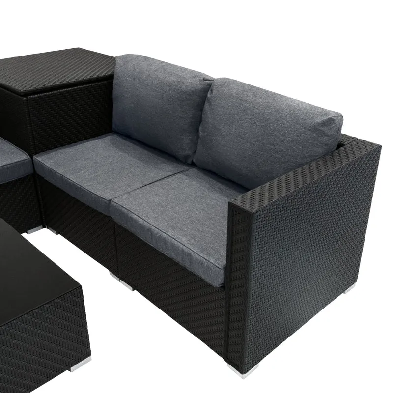 Salon de Jardin Modulaire en Rotin Noir - 6 Pièces & Coffre de Rangement 700 L