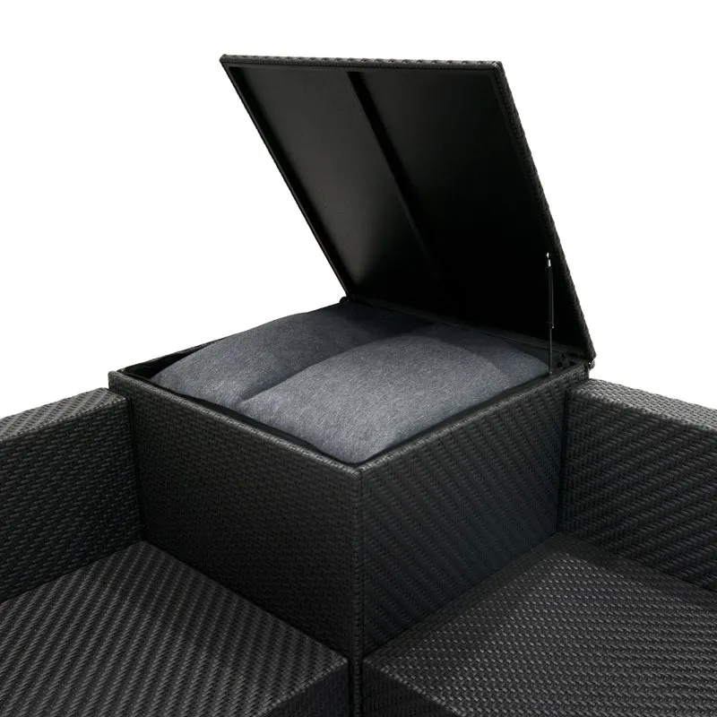 Salon de Jardin Modulaire en Rotin Noir - 6 Pièces & Coffre de Rangement 700 L