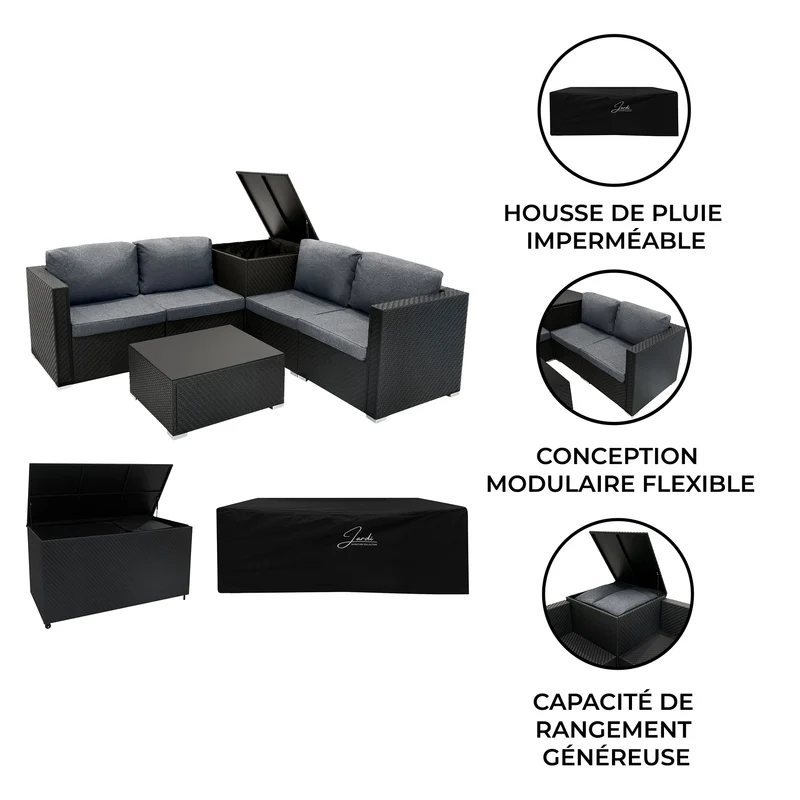 Salon de Jardin Modulaire en Rotin Noir - 6 Pièces & Coffre de Rangement 996 L