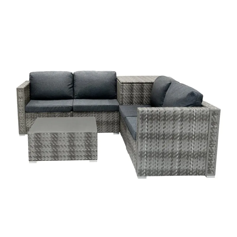 Salon de Jardin Modulaire en Rotin Gris - 6 Pièces & Coffre de Rangement 700 L