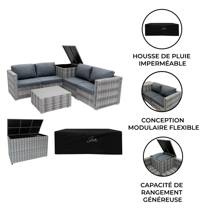 Salon de Jardin Modulaire en Rotin Gris - 6 Pièces & Coffre de Rangement 700 L