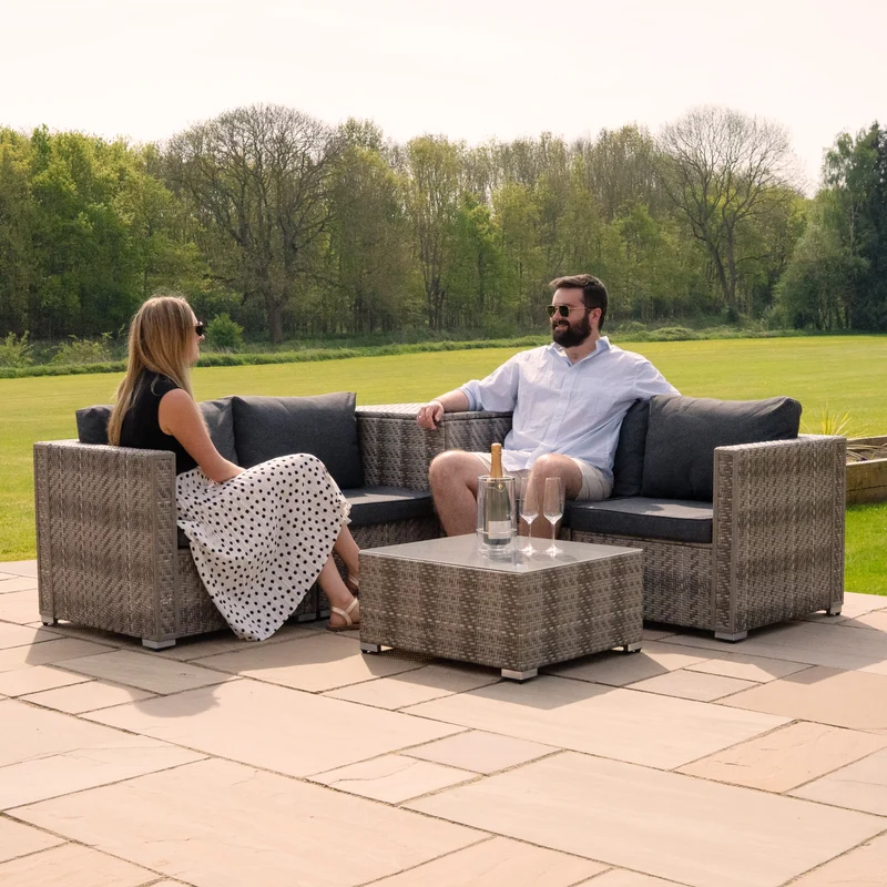 Salon de Jardin Modulaire en Rotin Gris - 6 Pièces & Coffre de Rangement 700 L