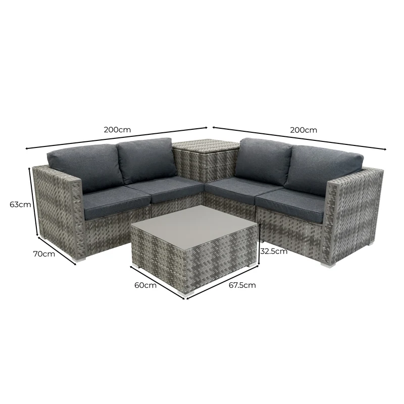 Salon de Jardin Modulaire en Rotin Gris - 6 Pièces & Coffre de Rangement 700 L