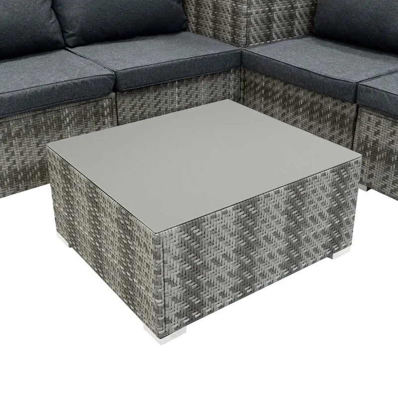 Salon de Jardin Modulaire en Rotin Gris - 6 Pièces & Coffre de Rangement 700 L