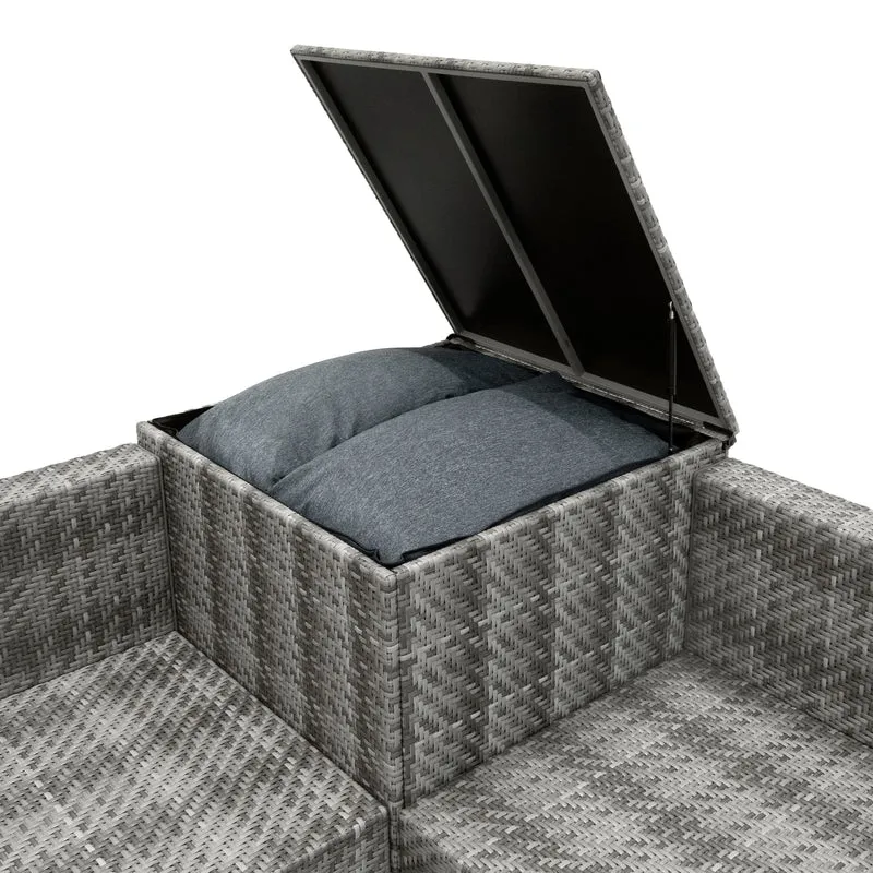 Salon de Jardin Modulaire en Rotin Gris - 6 Pièces & Coffre de Rangement 700 L