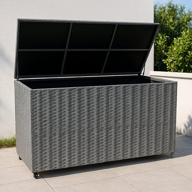 Salon de Jardin Modulaire en Rotin Gris - 6 Pièces & Coffre de Rangement 700 L