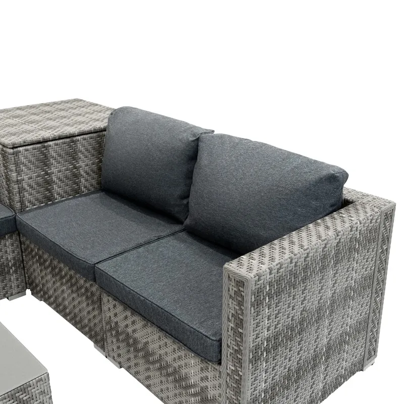 Salon de Jardin Modulaire en Rotin Gris - 6 Pièces & Coffre de Rangement 996 L