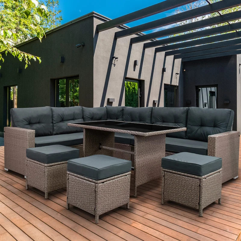 Salon de Jardin 9 Personnes en Rotin - Gris