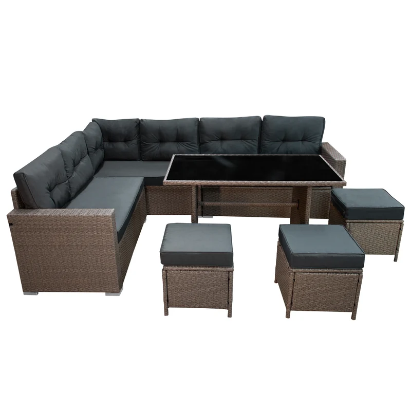 Salon de Jardin 9 Personnes en Rotin - Gris