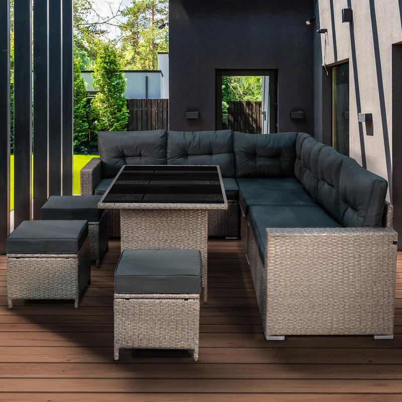 Salon de Jardin 9 Personnes en Rotin - Gris