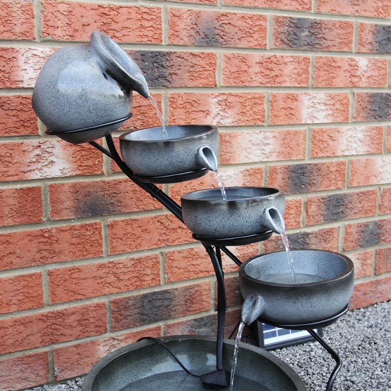 Fontaine de Jardin à 4 Niveaux avec Panneau Solaire - Gris