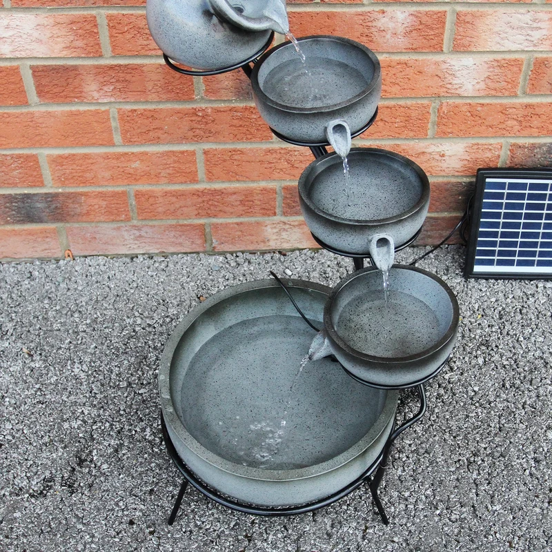 Fontaine de Jardin à 4 Niveaux avec Panneau Solaire - Gris