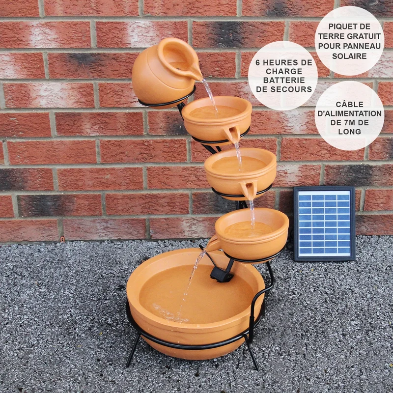 Fontaine de Jardin à 4 Niveaux avec Panneau Solaire - Terracotta