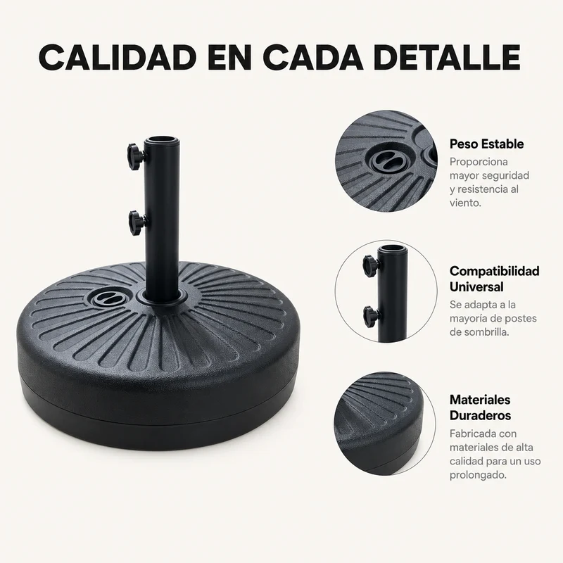 Pack Sombrilla Recta 3m UV Kaki + Base Redonda Rellenable