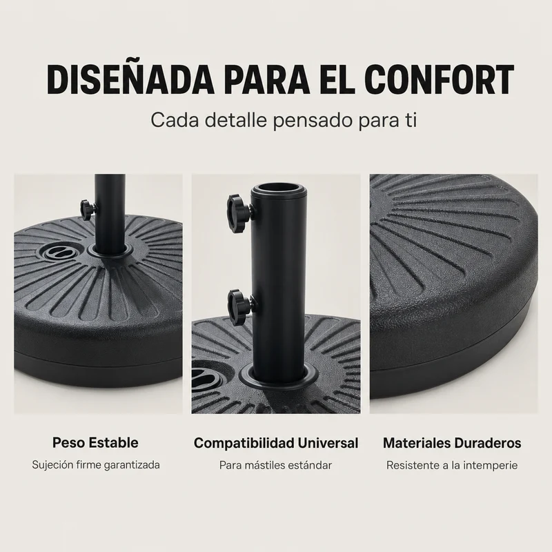 Pack Sombrilla Recta 3m UV Beige + Base Redonda Rellenable