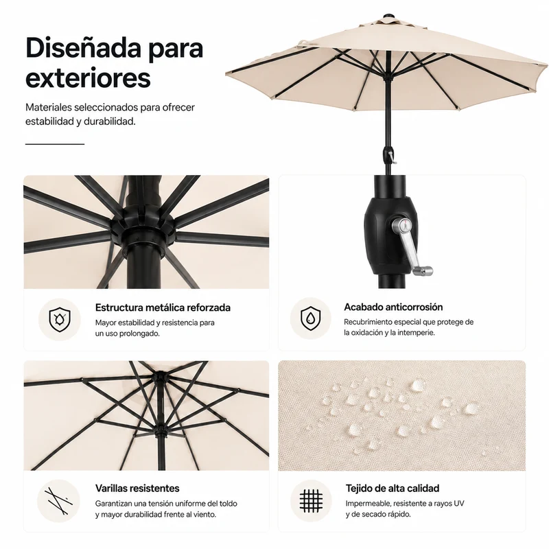 Sombrilla 3 metros De Jardín Regulable Con Manivela Beige