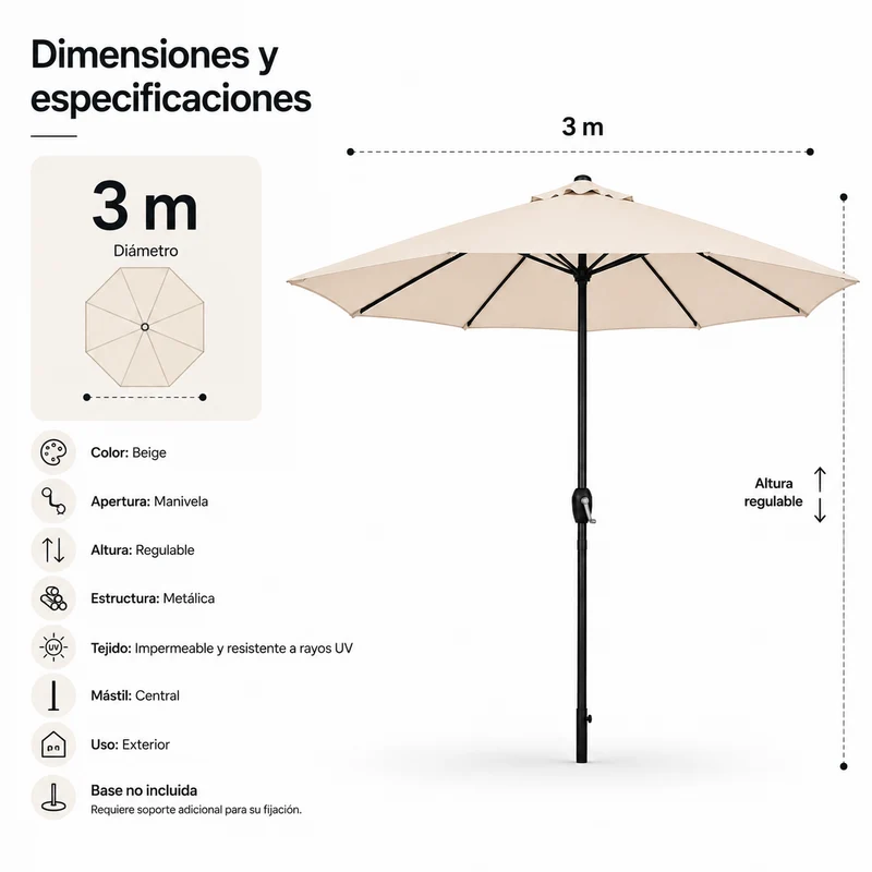 Sombrilla 3 metros De Jardín Regulable Con Manivela Beige