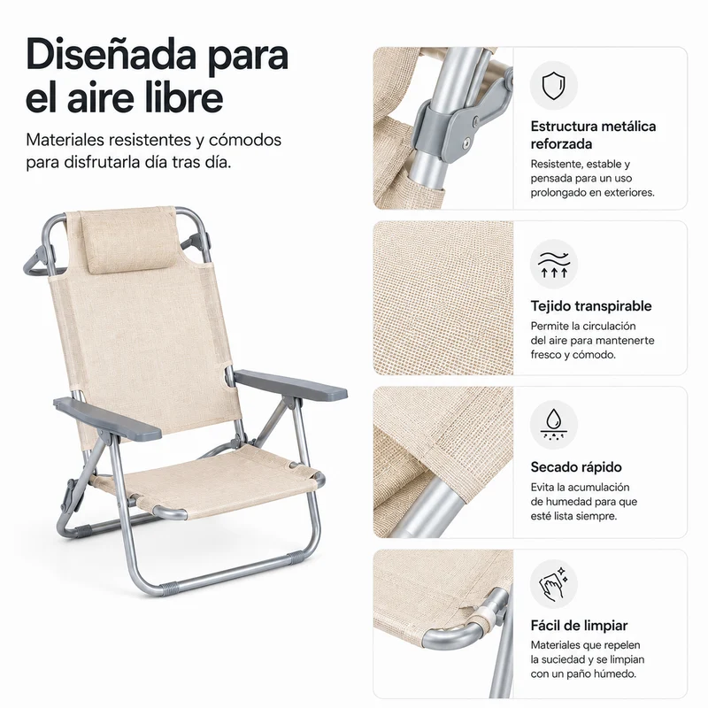 Pack 4 Sillas Plegables Reclinables Con Reposacabezas Portátil