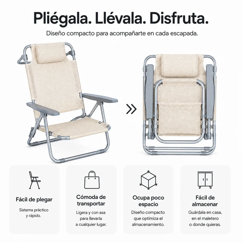 Pack 4 Sillas Plegables Reclinables Con Reposacabezas Portátil