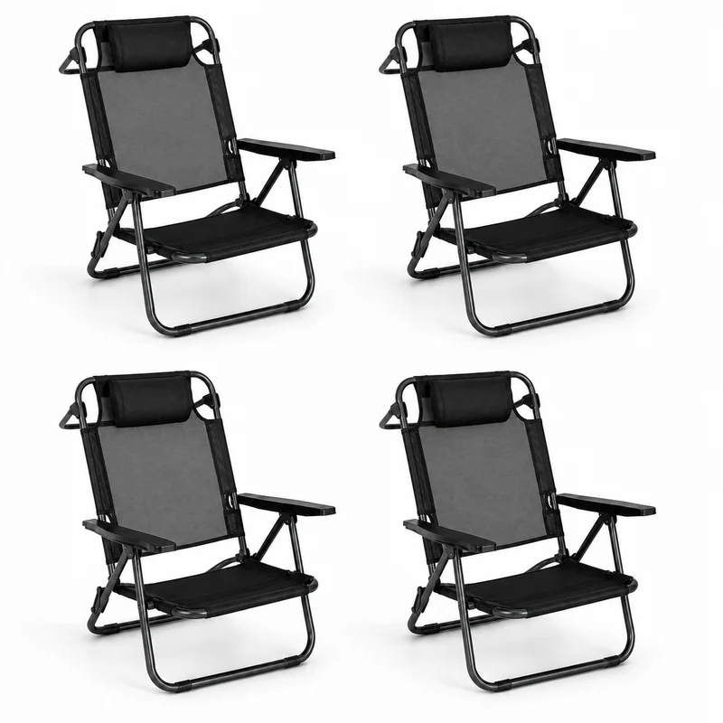 Pack 4 Sillas Plegables Bajas Para Playa Y Camping Con Reposacabezas Acolchado