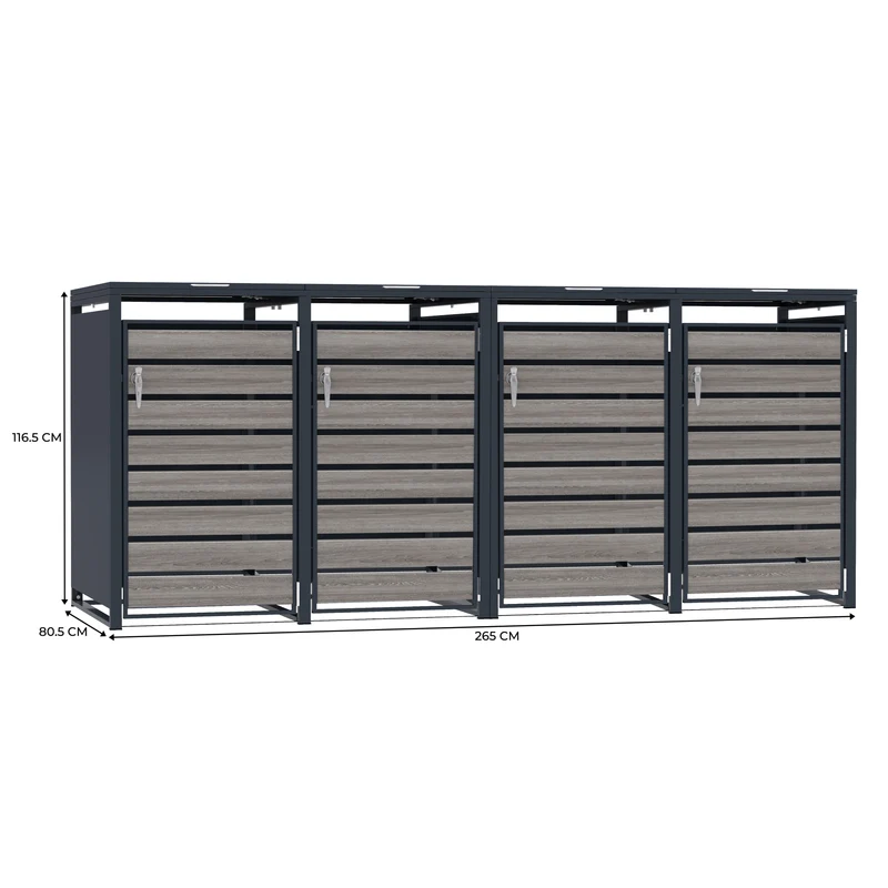 Abri Métallique pour 4 Poubelles à Roulettes - Anthracite et Bois Gris