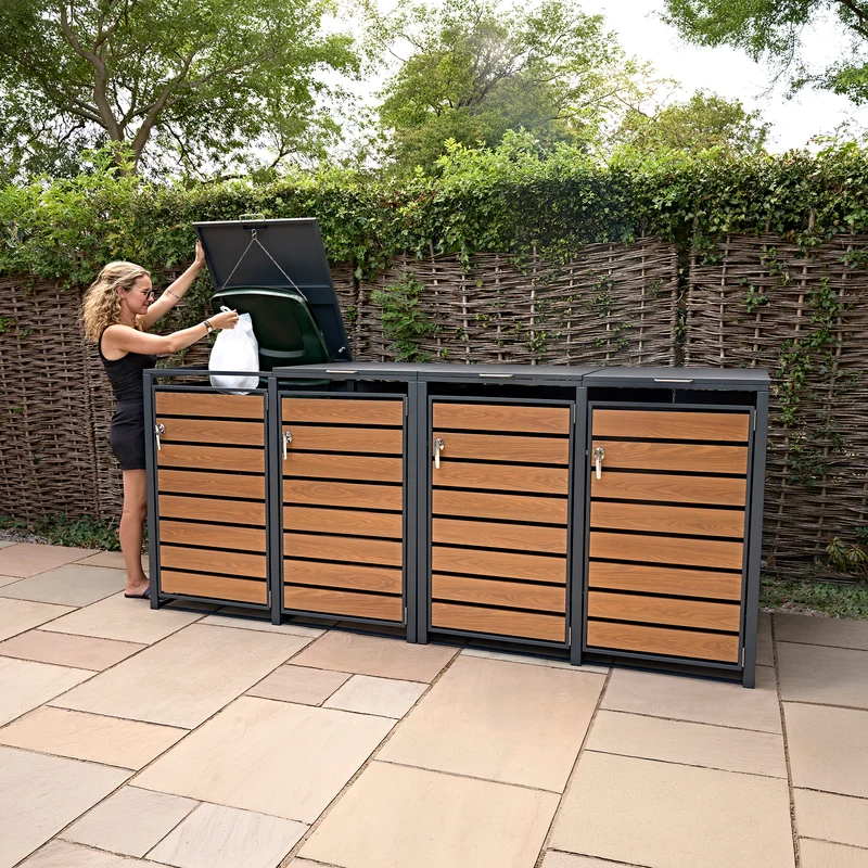 Abri Métallique pour 4 Poubelles à Roulettes - Anthracite et Bois