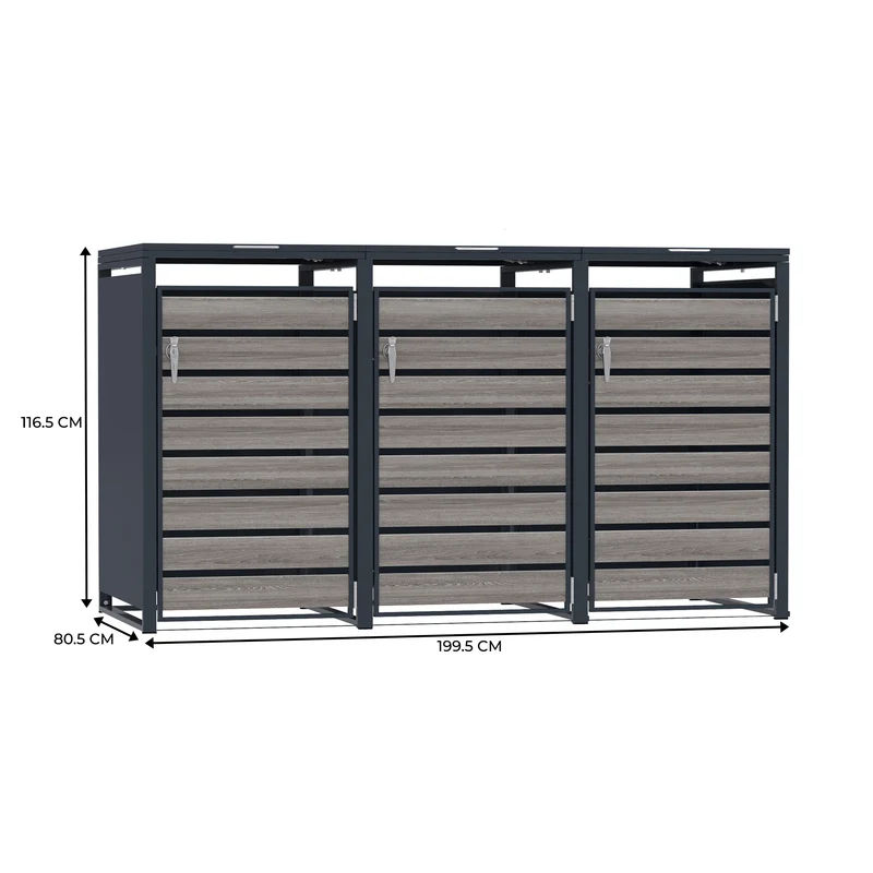 Abri Métallique pour 3 Poubelles à Roulettes - Anthracite et Bois Gris