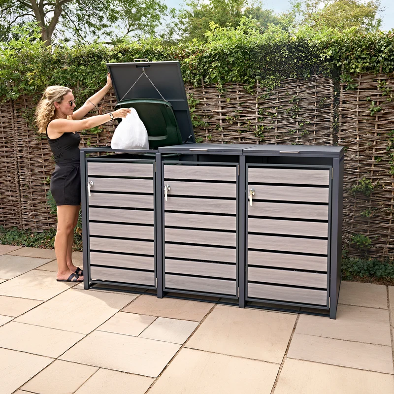 Abri Métallique pour 3 Poubelles à Roulettes - Anthracite et Bois Gris