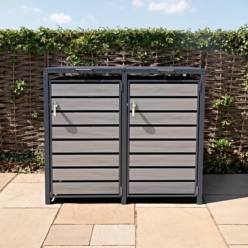 Abri Métallique pour 2 Poubelles à Roulettes - Anthracite et Bois Gris