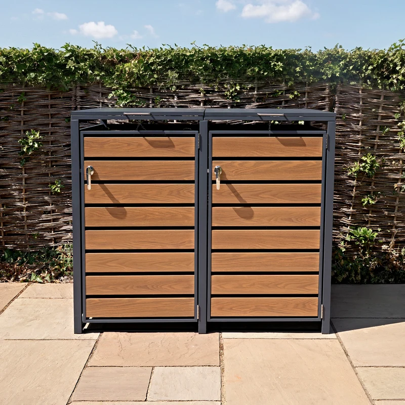 Abri Métallique pour 2 Poubelles à Roulettes - Anthracite et Bois