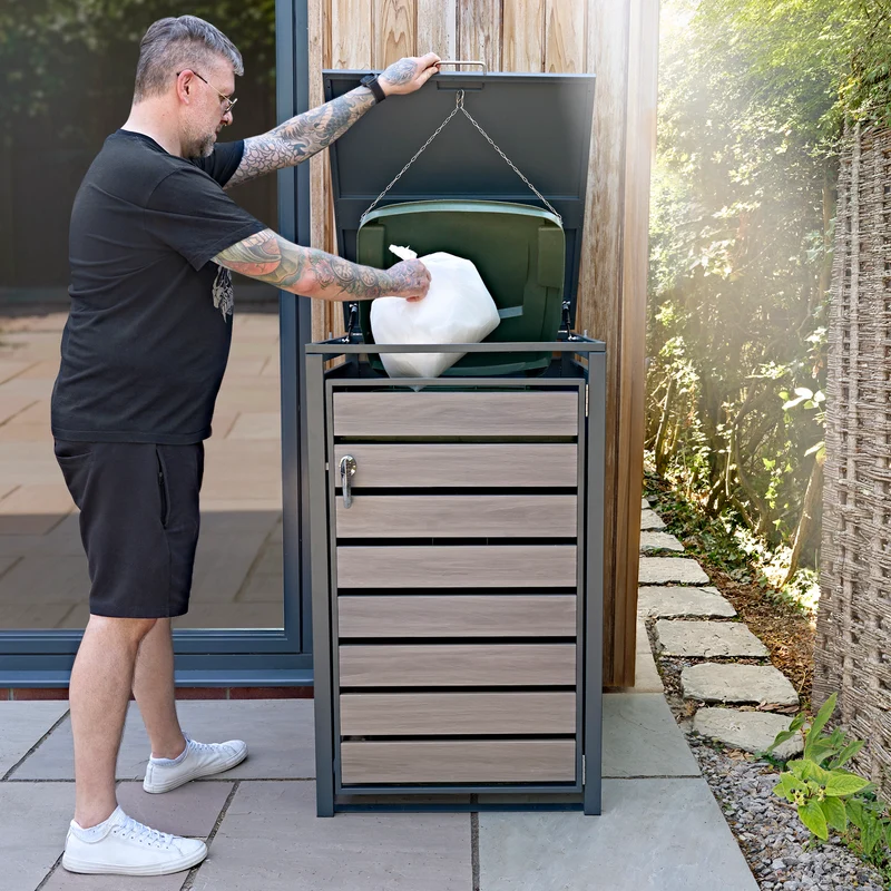 Abri Métallique pour 1 Poubelle à Roulettes - Anthracite et Bois Gris
